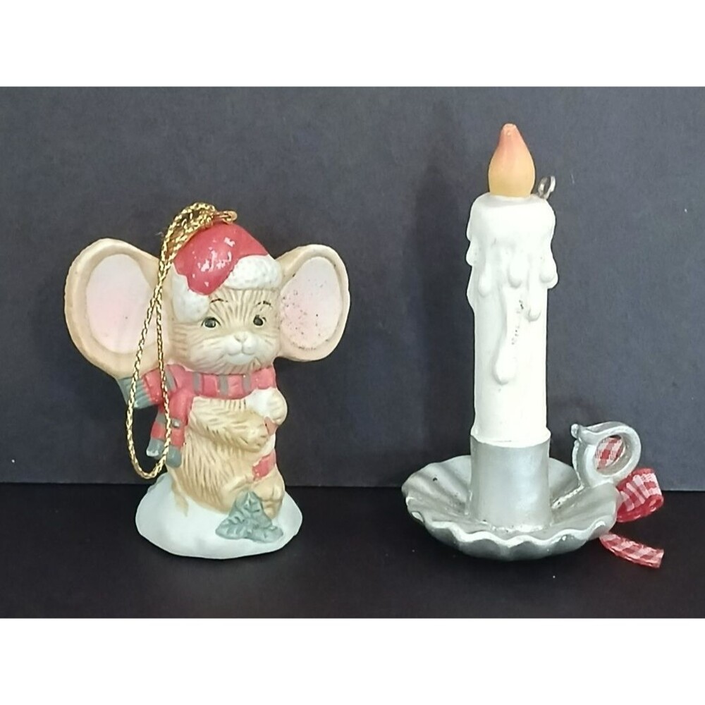 Mouse & Candle Hanging Christmas Tree Ornaments Holiday Decorations Set of 2